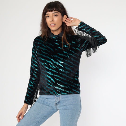 90s Metallic Tiger Print Fringe Turtleneck Y2K Club Shirt Extra Small XS