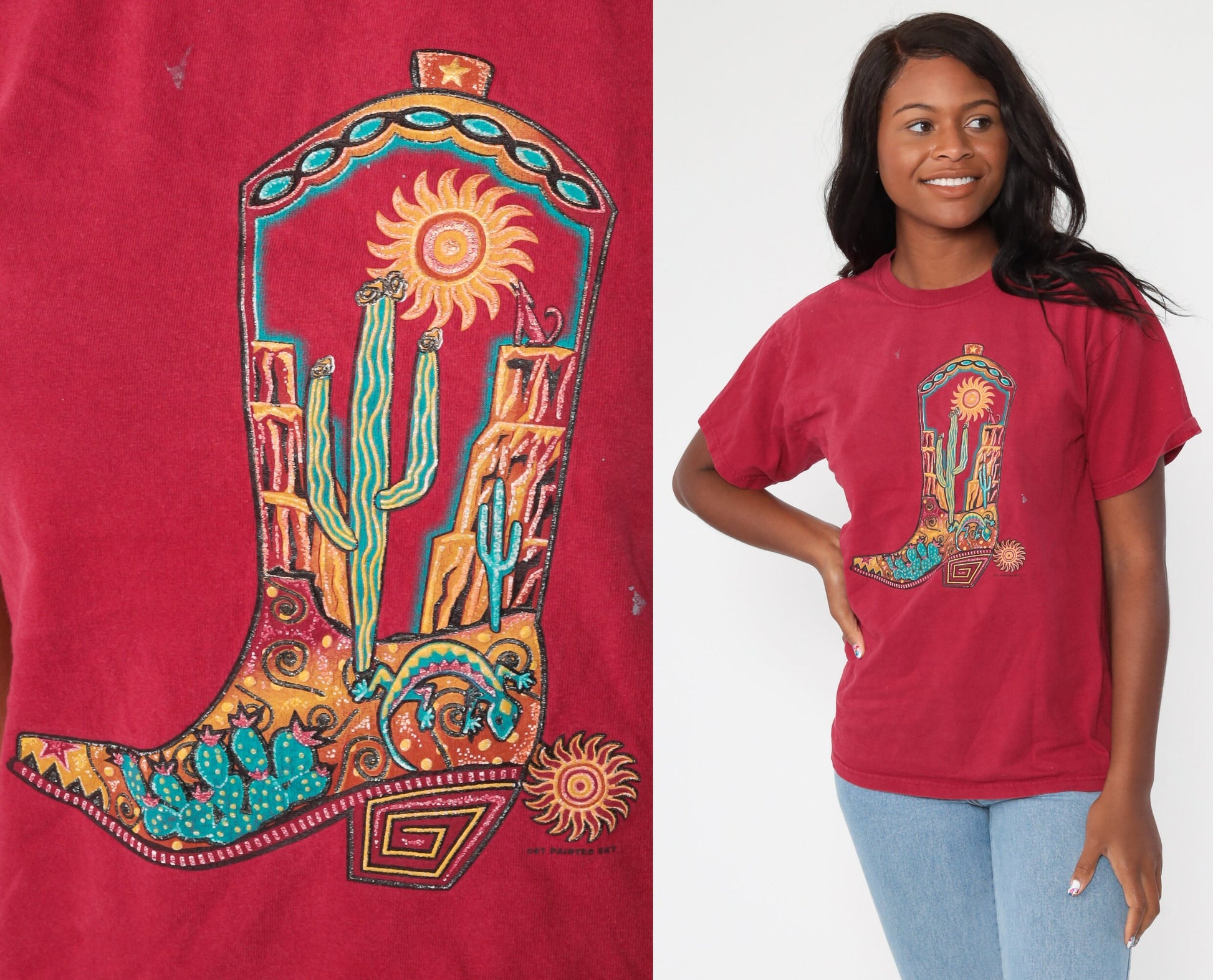 80s Cactus Cowboy Boot Desert Graphic T-Shirt Red Southwestern Medium