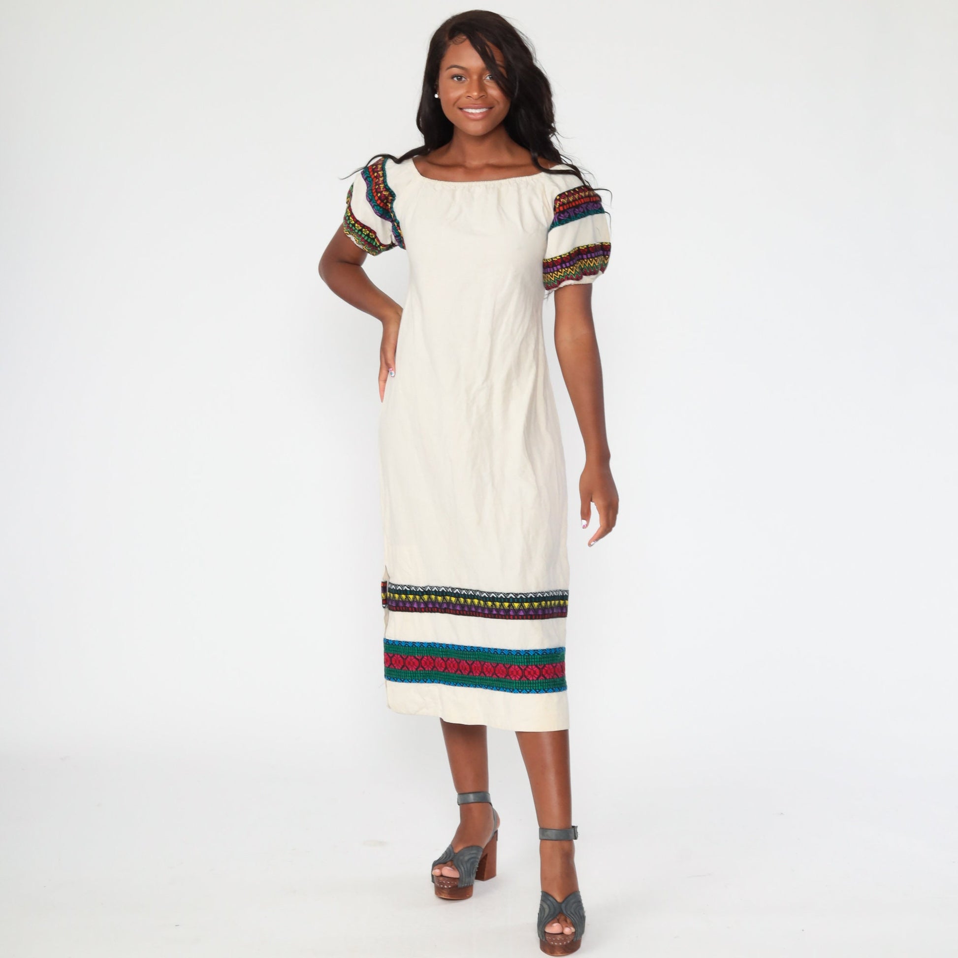 70s Floral Embroidered Peasant Dress Cream Puff Sleeve Midi Extra Small