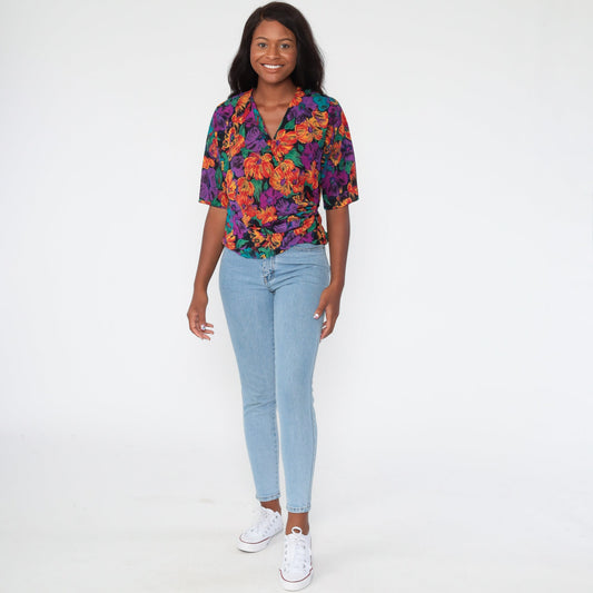 80s Toni Petite Floral Wrap Crop Top Purple Tropical Blouse Medium