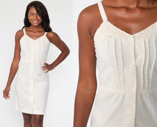70s Cream Cotton Sundress High Waist Button Front Mini Lace Trim Extra Small