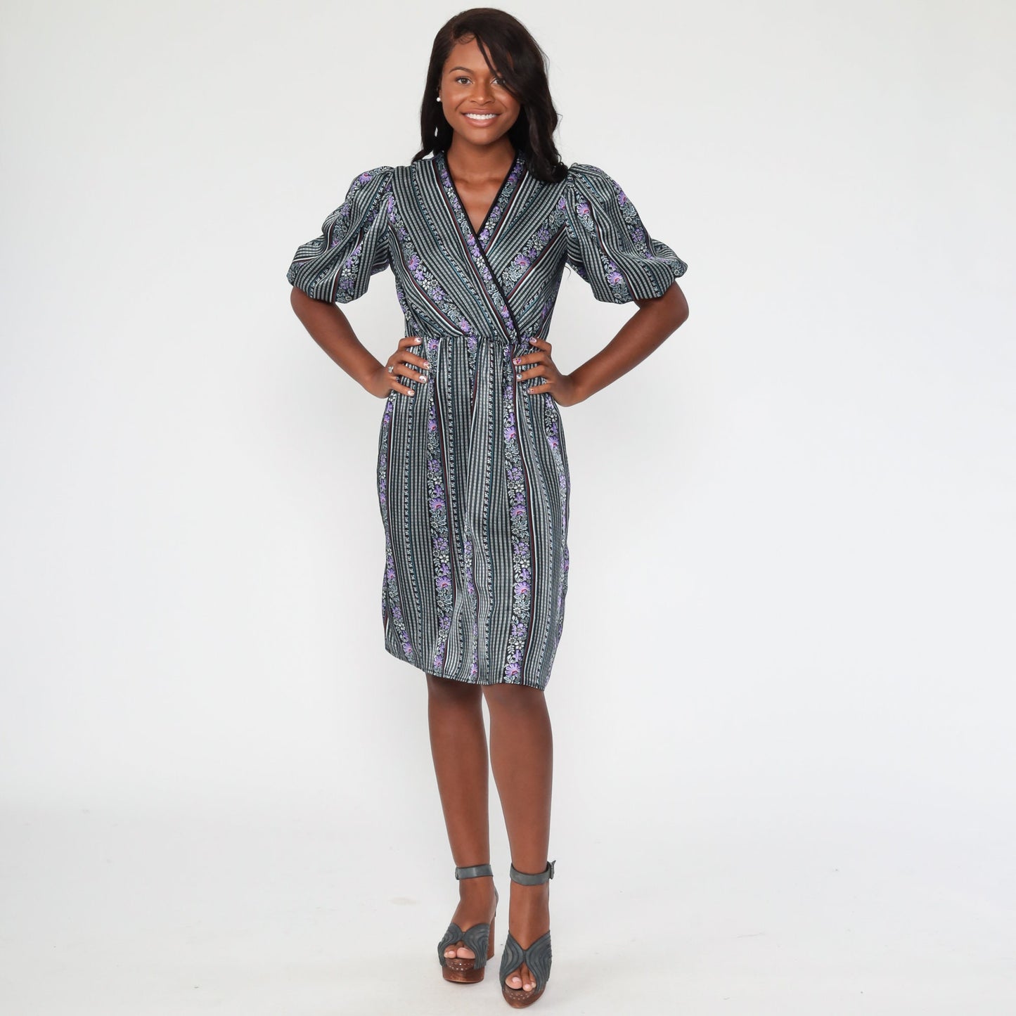 1970s Striped Floral Midi Dress Purple Black V-Neck Puff Sleeve High Waist Small