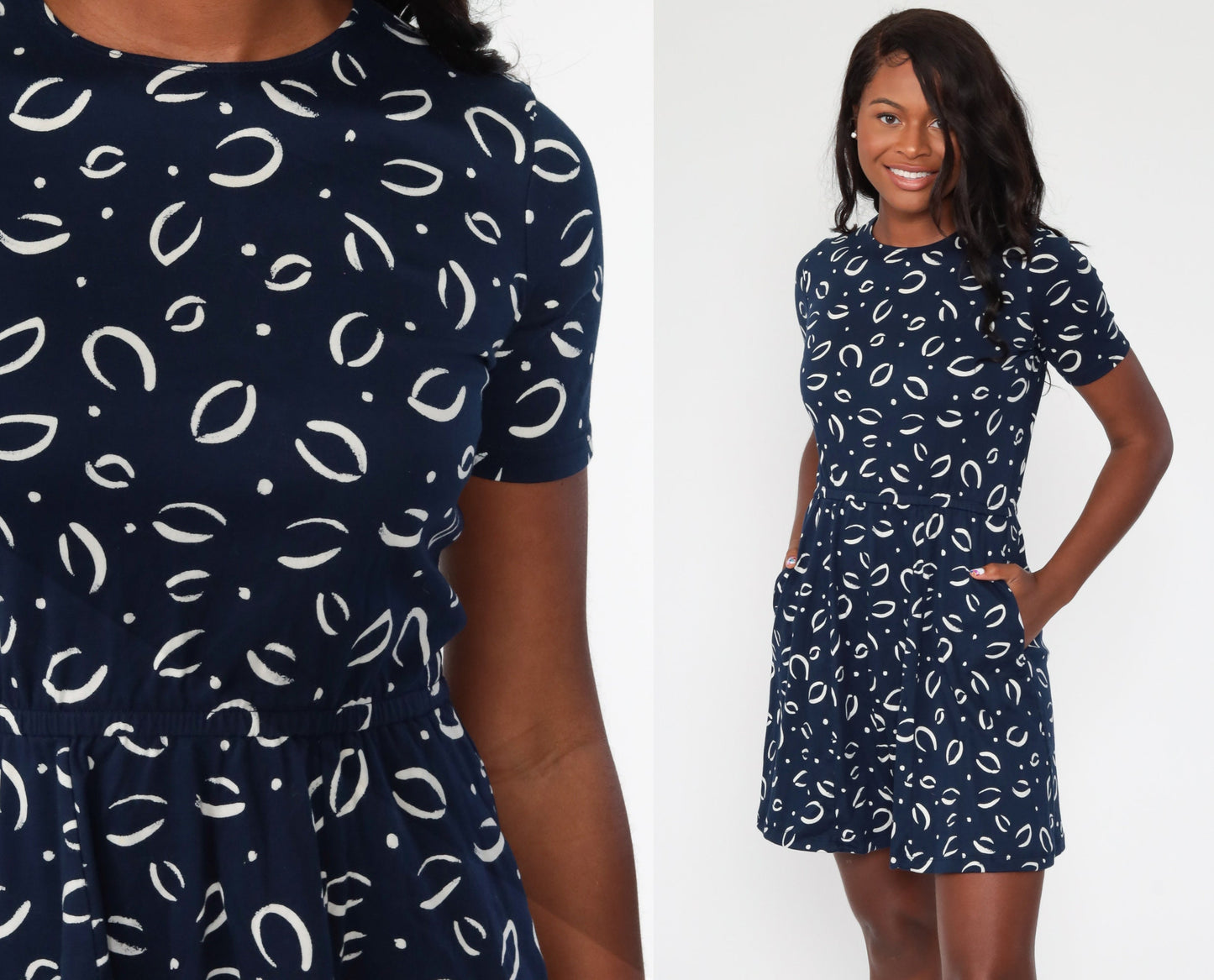 90s Lands' End Navy Leaf Print Mini Dress High Waist Pockets Extra Small XS