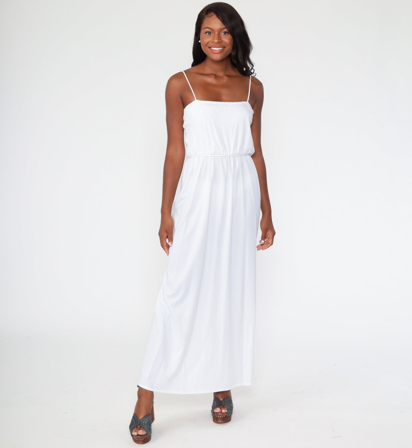 70s White Maxi Dress Spaghetti Strap High Waist Side Slit Small