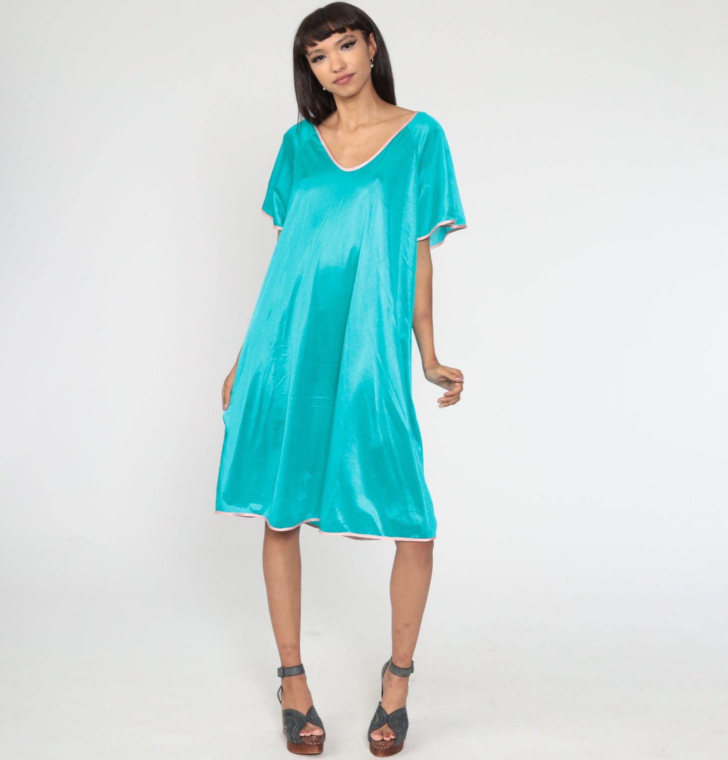 1960s Turquoise Nylon Nightgown Pink Ringer Trim Tent Cut Extra Large XXL