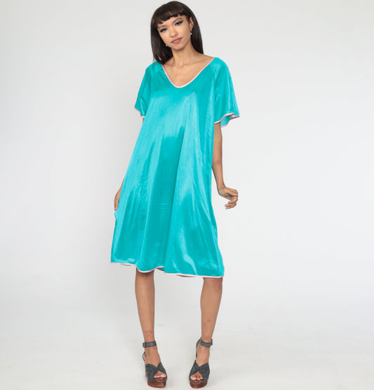 1960s Turquoise Nylon Nightgown Pink Ringer Trim Tent Cut Extra Large XXL