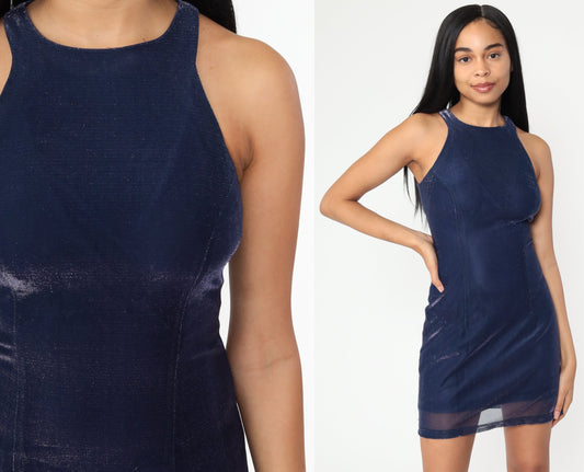 00s Metallic Blue Mini Dress Racerback Tank Y2K Club Wear Extra Small