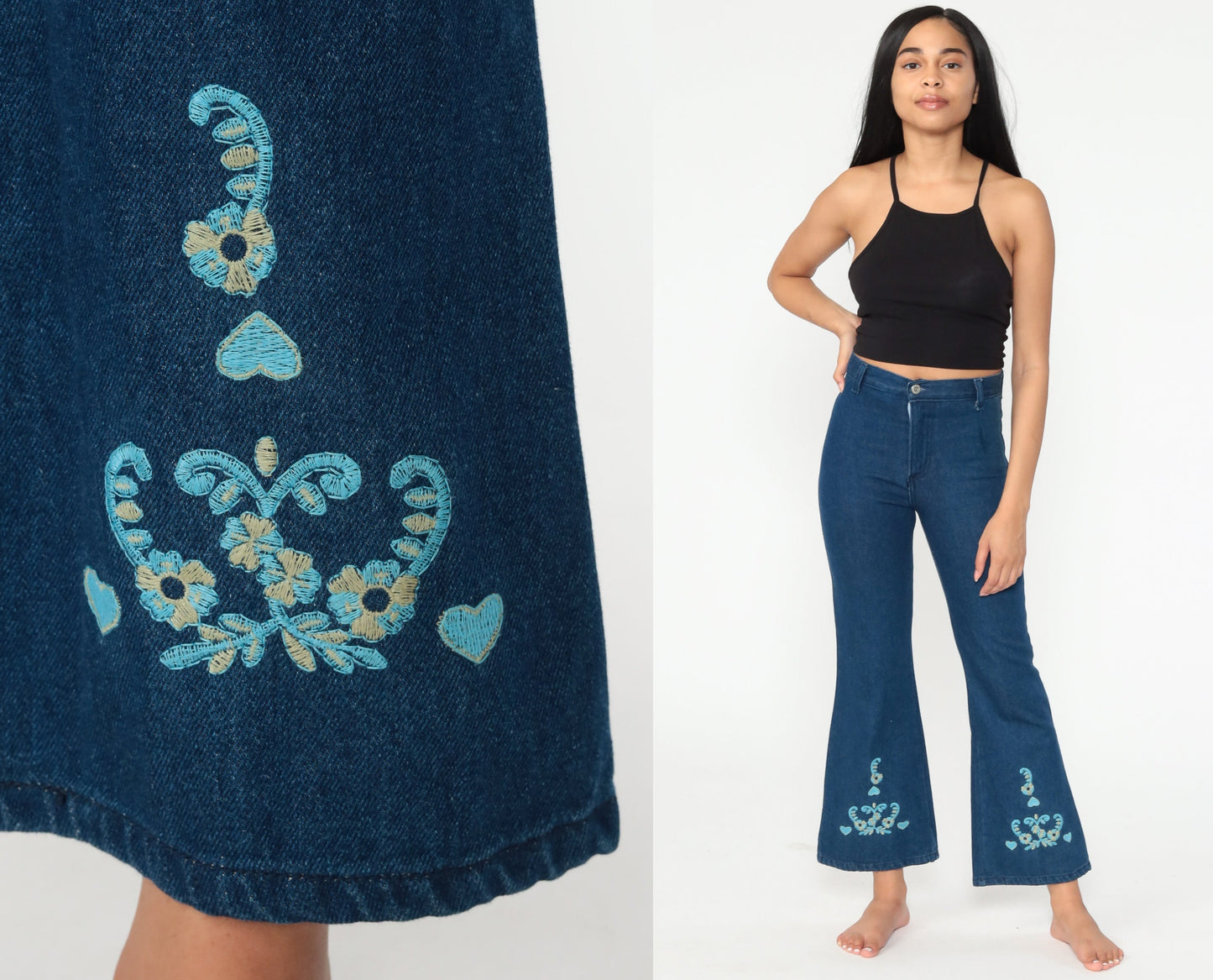 90s Floral Embroidered Bell Bottom Jeans Dark Blue Cotton Y2K Extra Small XS