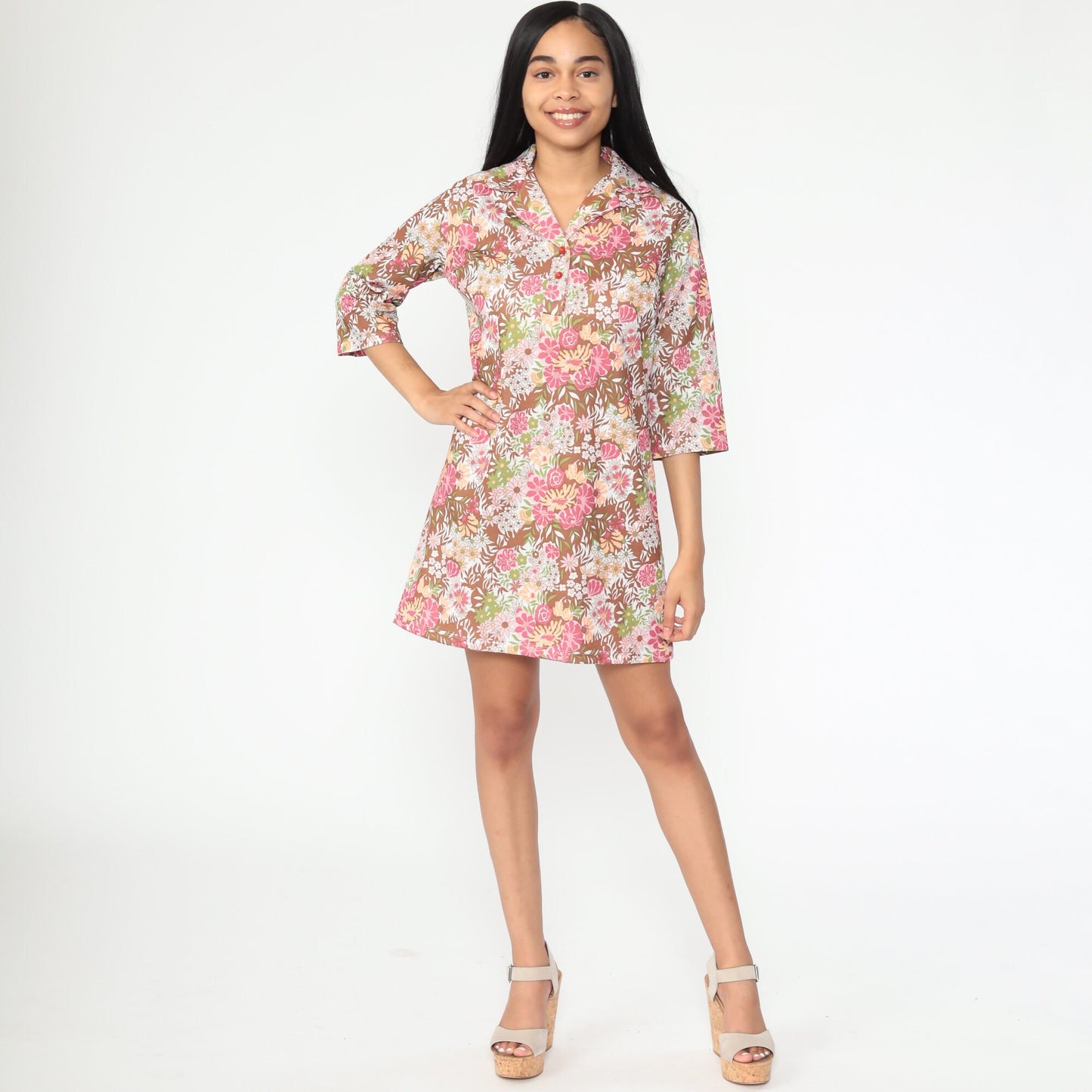 1960s Floral Shift Dress Pink Brown Mini Short Sleeve Medium