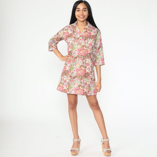 1960s Floral Shift Dress Pink Brown Mini Short Sleeve Medium