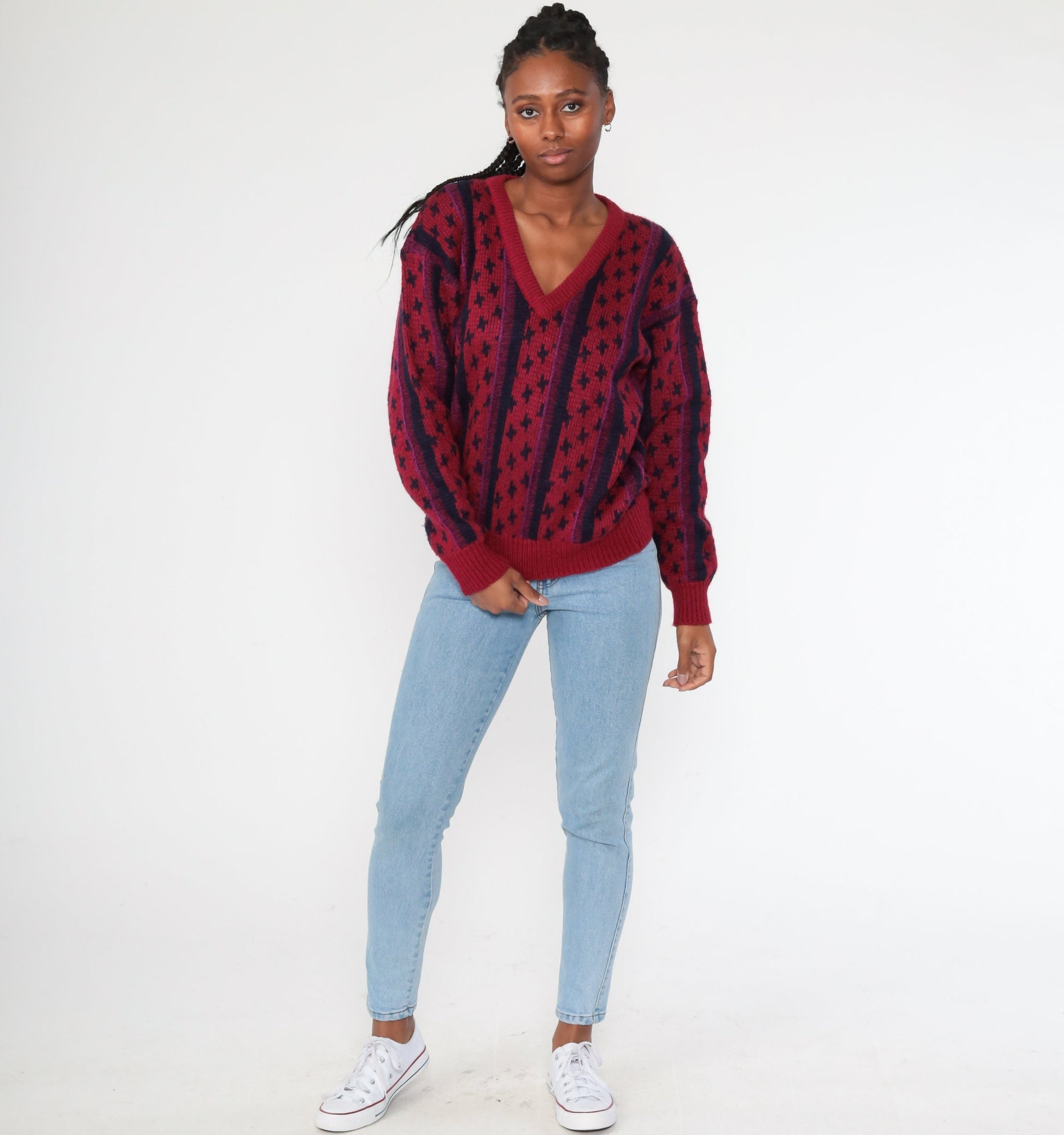 80s Burgundy Striped V-Neck Wool Blend Sweater Knit Pullover Medium