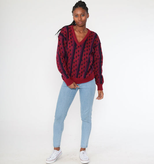80s Burgundy Striped V-Neck Wool Blend Sweater Knit Pullover Medium
