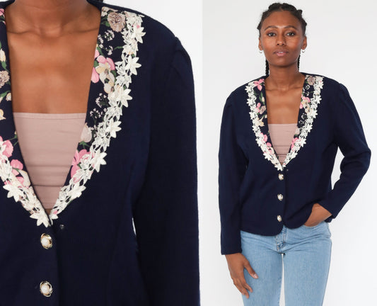 80s Navy Blazer Jacket Floral Lace Trim Office Jacket Medium