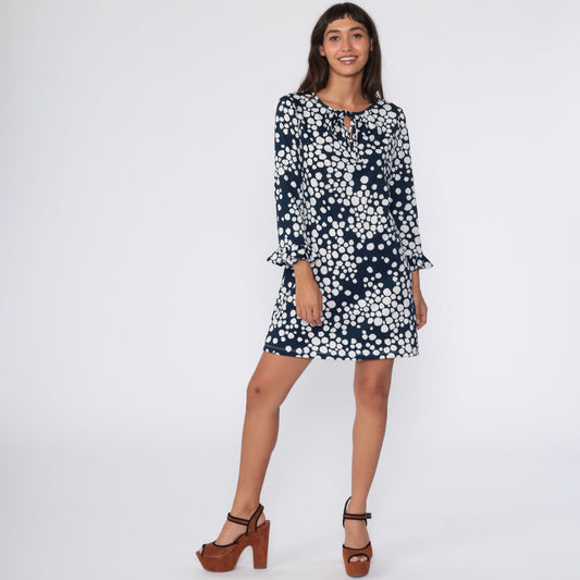 70s Mod Mini Shift Dress Polka Dot Blue White Long Ruffle Sleeve Medium