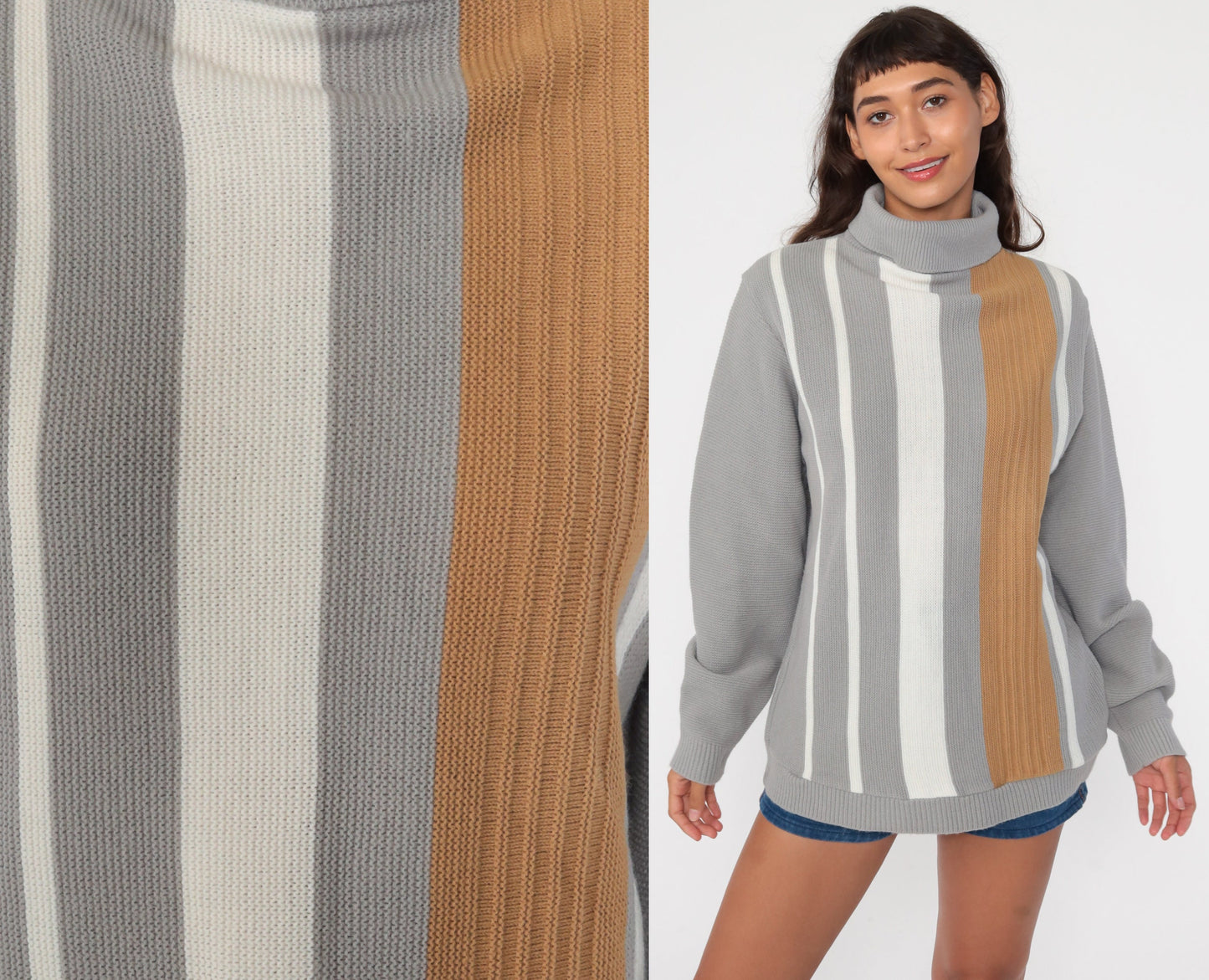 80s Striped Turtleneck Sweater Grey Knit Pullover Medium