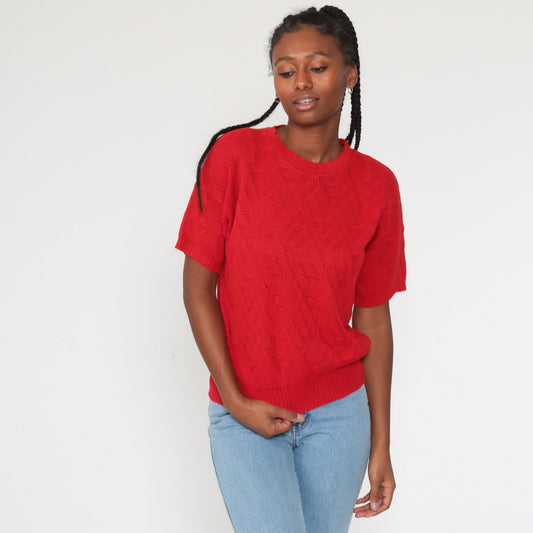 80s Red Open Weave Knit Sweater Top Short Sleeve Medium