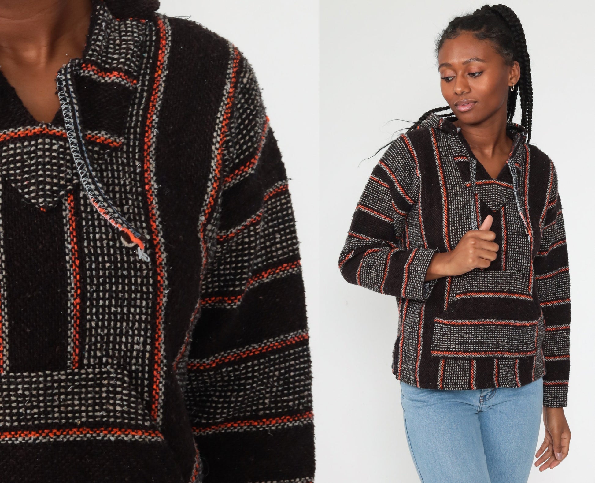 90s Mexican Baja Hoodie Orange Black Stripe Kangaroo Pocket Small