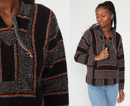 90s Mexican Baja Hoodie Orange Black Stripe Kangaroo Pocket Small
