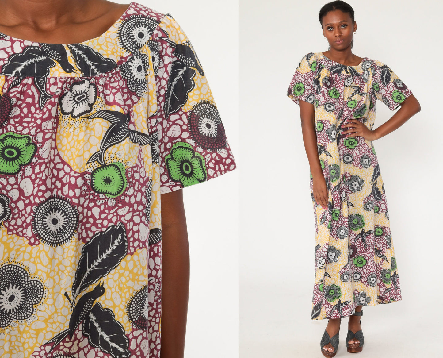 70s Bird Print Maxi Dress Caftan Cotton Blend Long Sleeve Medium