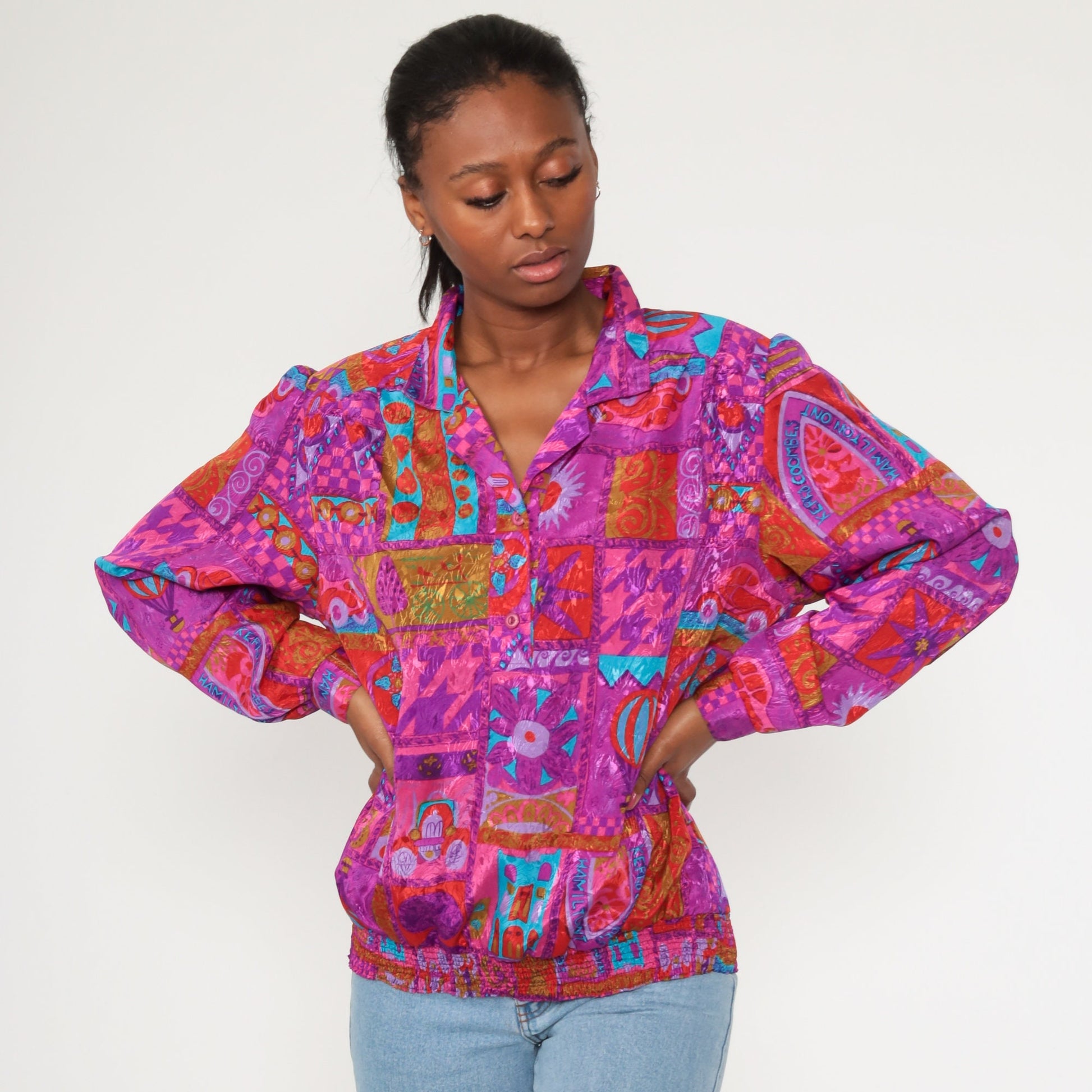 90s Floral Patchwork Colour Block Blouse Purple Neon Button Up Large