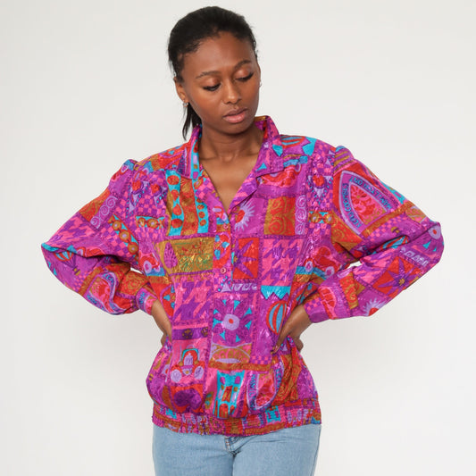 90s Floral Patchwork Colour Block Blouse Purple Neon Button Up Large