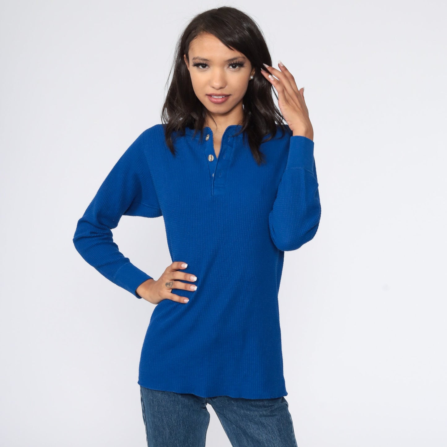 90s Blue Waffle Knit Thermal Henley Long Sleeve Shirt Large