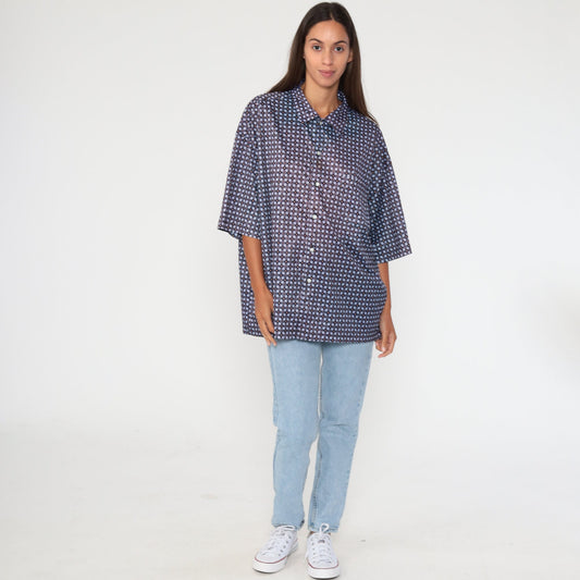 90s Geometric Print Button-Up Shirt Blue Brown Short Sleeve Extra Large