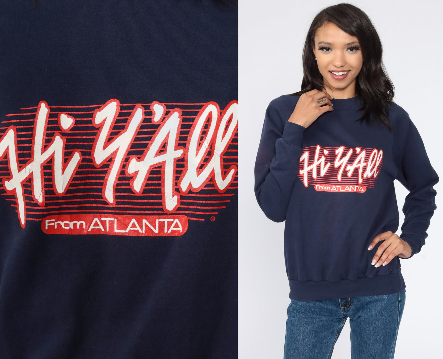 80s Atlanta Hey Y'all Georgia Raglan Sweatshirt Navy Graphic Crewneck Medium