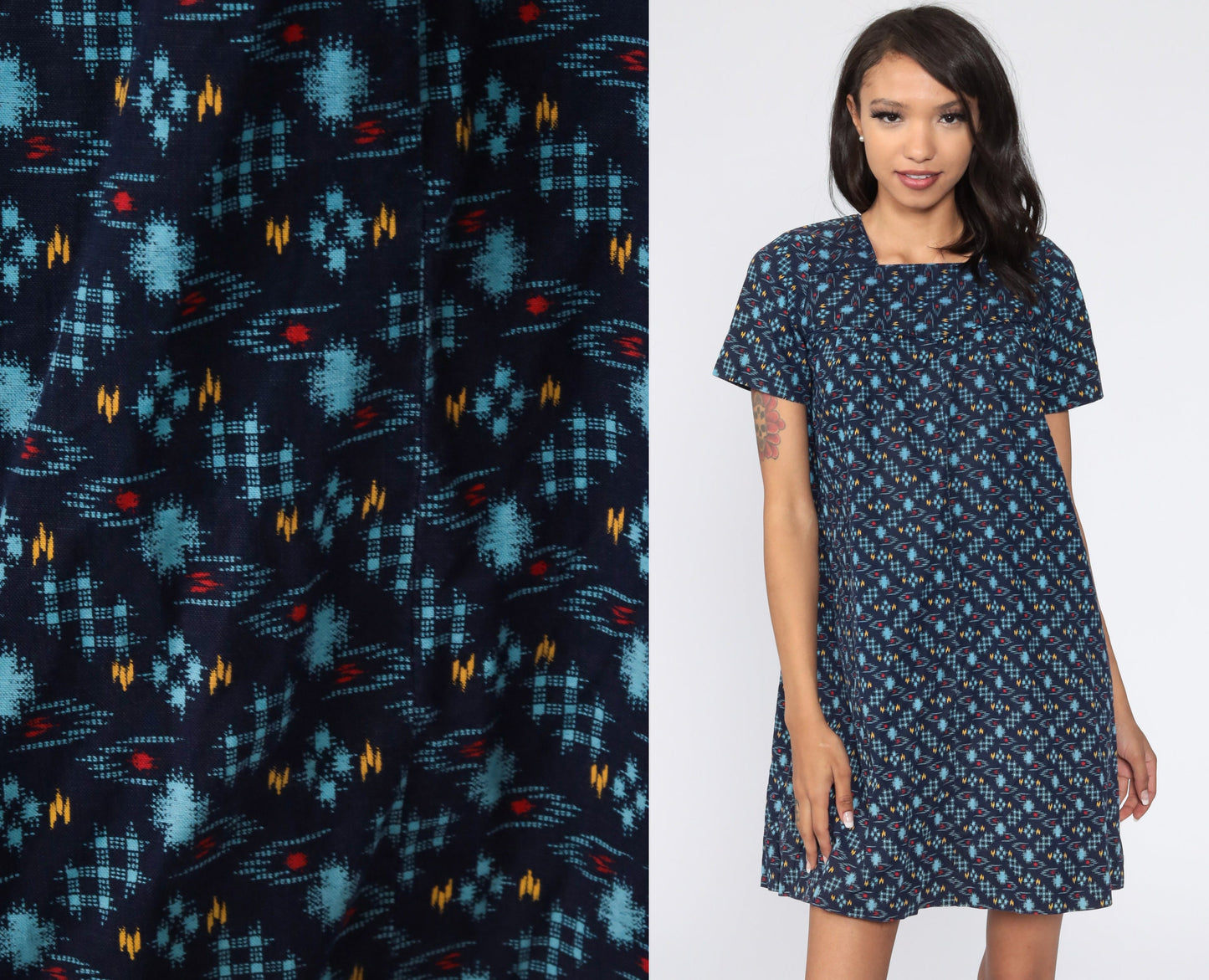 60s Mod Mini Dress Blue Checkered Shift Twiggy Small