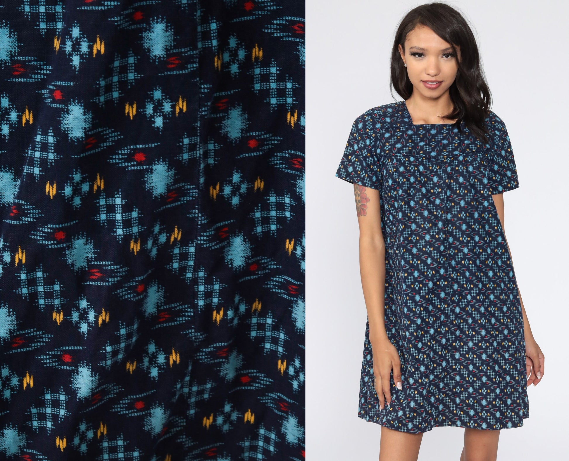 60s Mod Mini Dress Blue Checkered Shift Twiggy Small