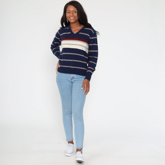80s Le Tigre Navy Striped V-Neck Knit Sweater Small Medium