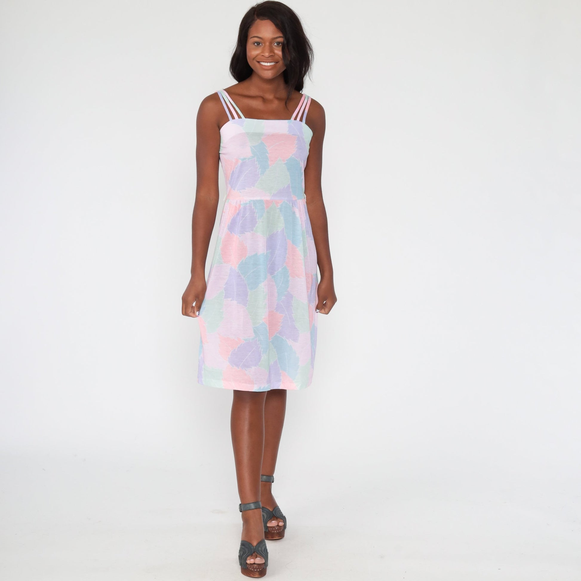 70s Leaf Print Midi Sundress High Waist Tank Pastel Cotton Medium