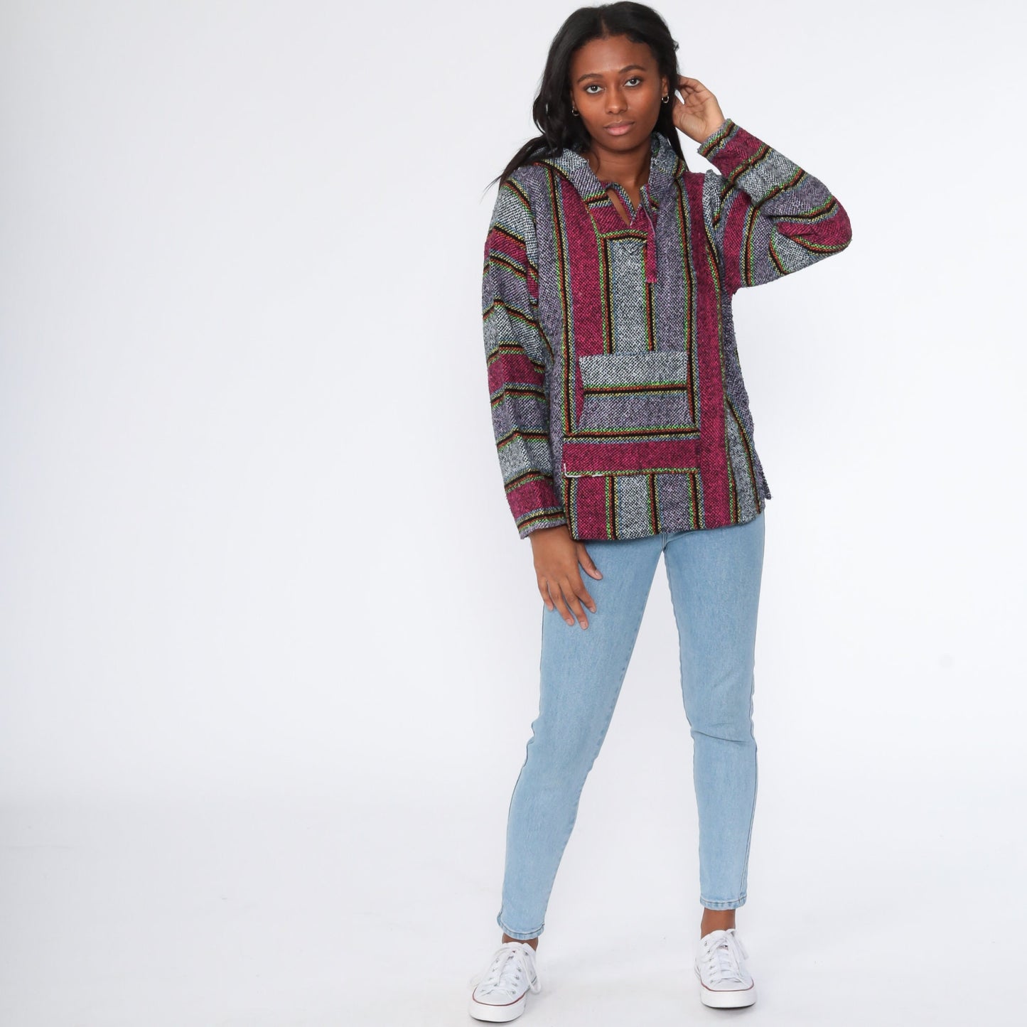 90s Mexican Baja Pullover Hoodie Striped Grey Pink Medium