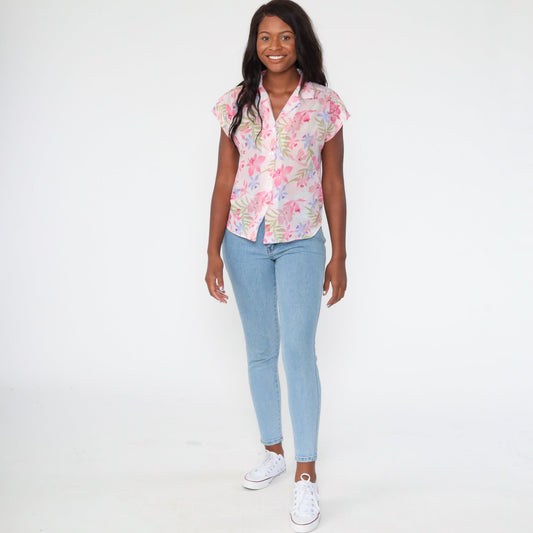 80s Tropical Floral Pink Hawaiian Button-Up Blouse Short Sleeve Medium