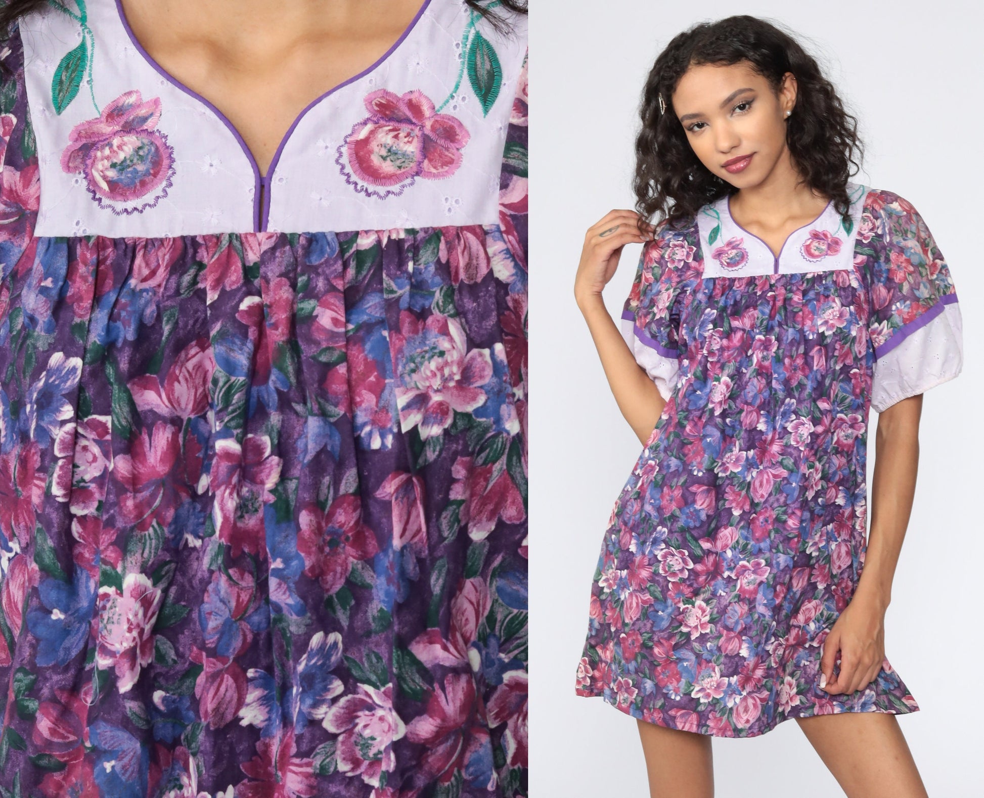 80s Floral Purple Mini Dress Eyelet Lace Tent Cut Small