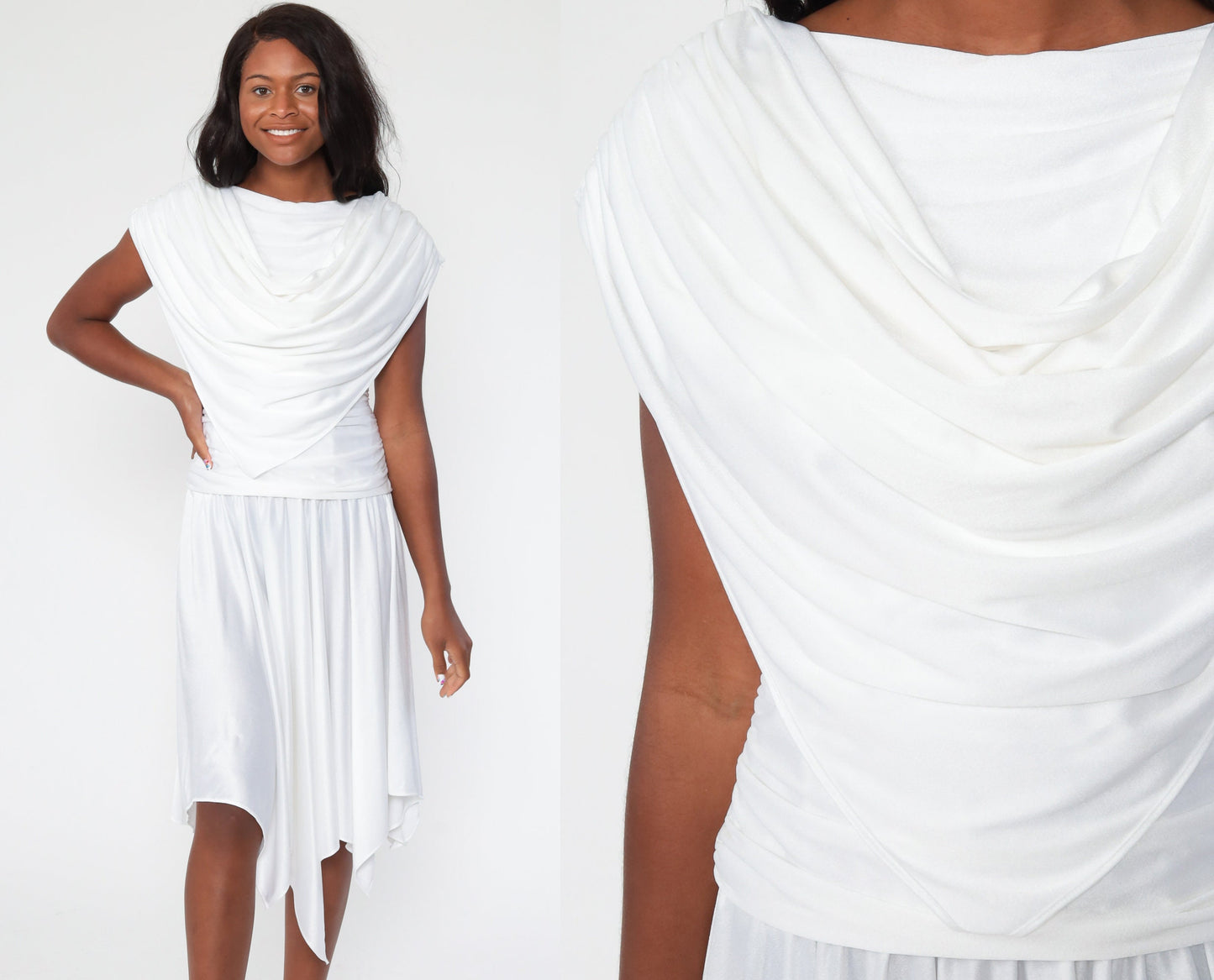 70s White Grecian Draped Midi Dress Cowl Neck Low Back Extra Small