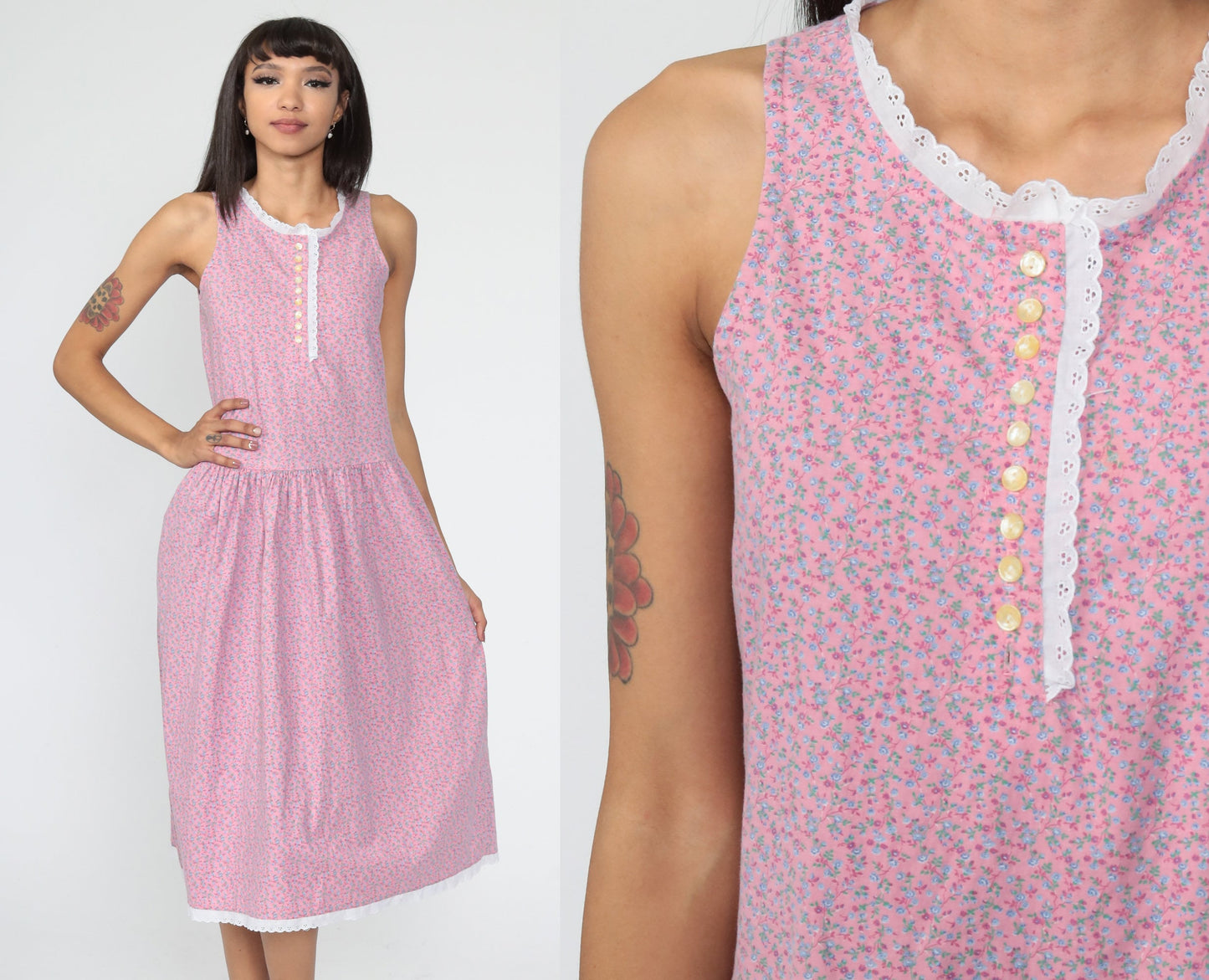 80s Calico Floral Midi Dress Pink Eyelet Lace Drop Waist Sleeveless Extra Small