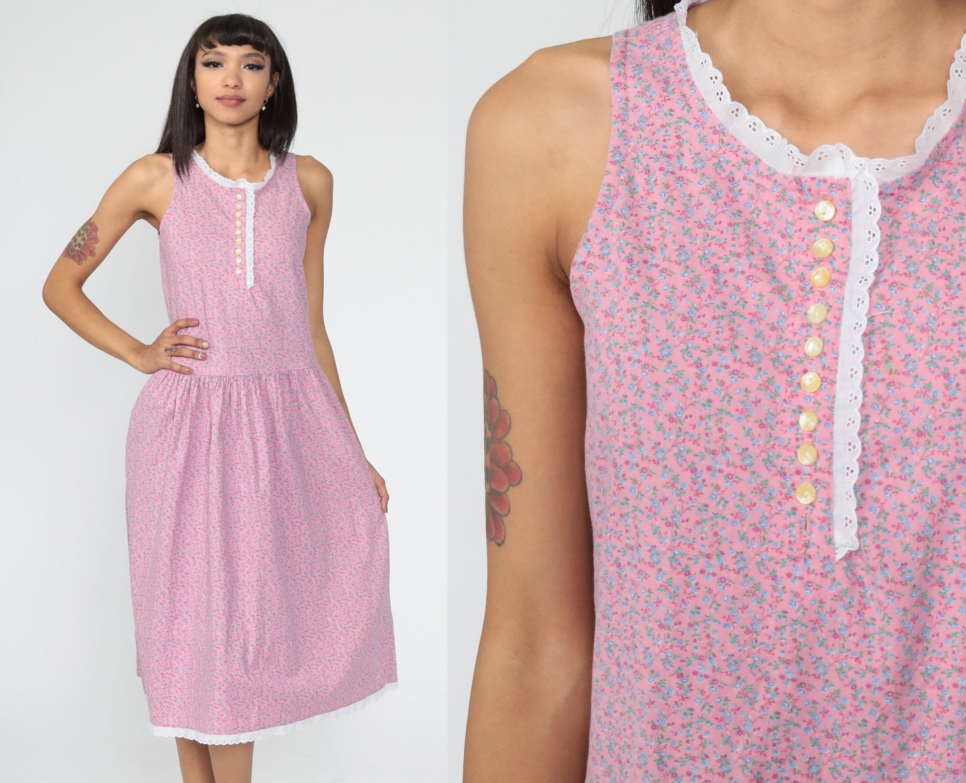 80s Calico Floral Midi Dress Pink Eyelet Lace Drop Waist Sleeveless Extra Small