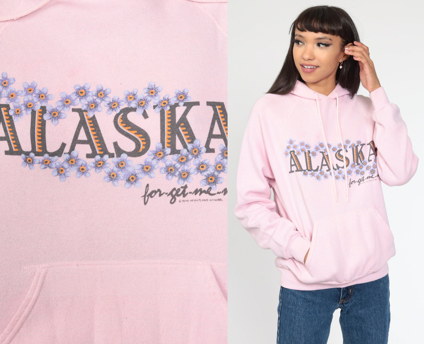 90s Alaska Forget Me Not Hoodie Pink Floral Graphic Sweatshirt Medium