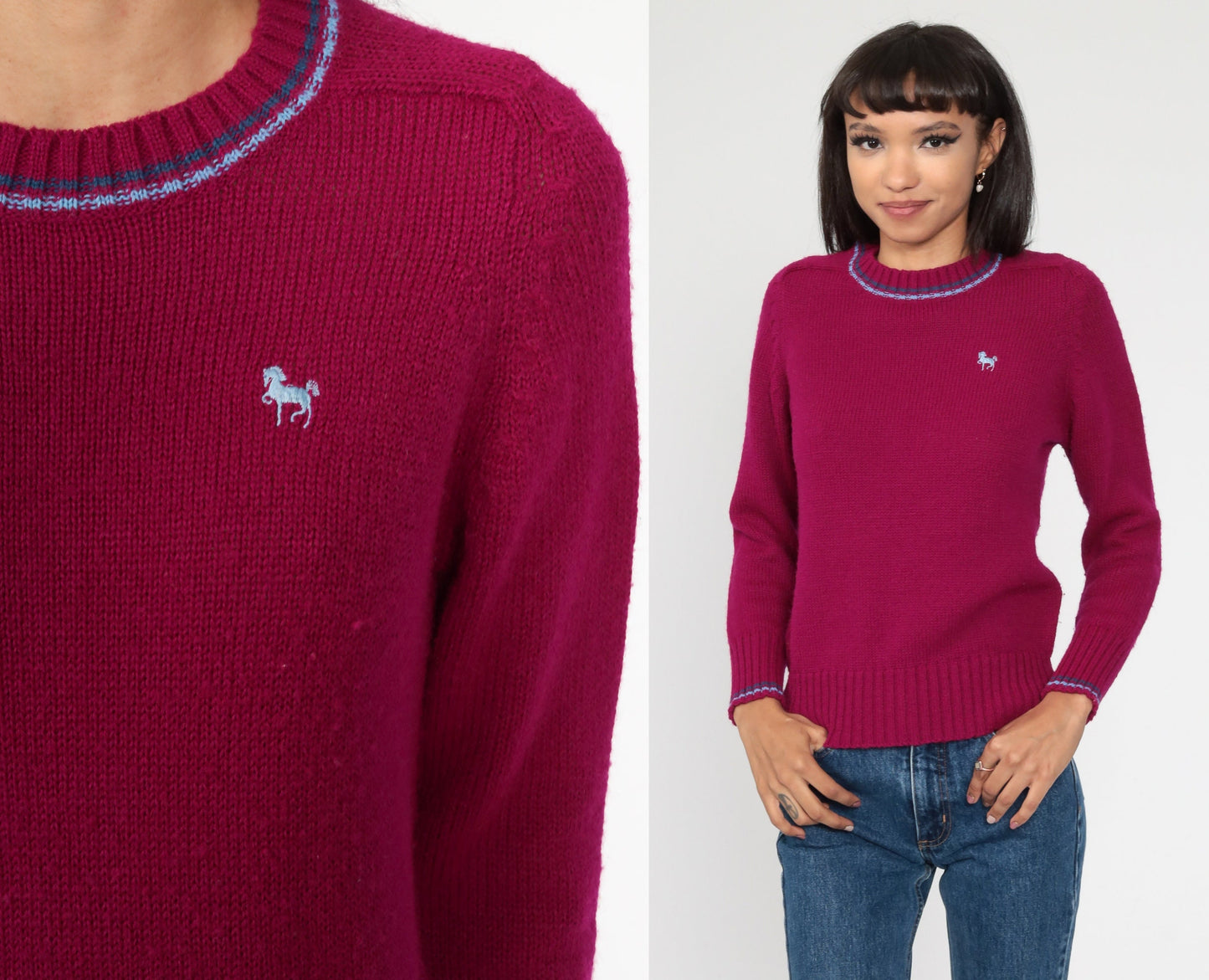 80s Purple Horse Graphic Knit Sweater Ringer Pullover Small