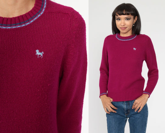 80s Purple Horse Graphic Knit Sweater Ringer Pullover Small