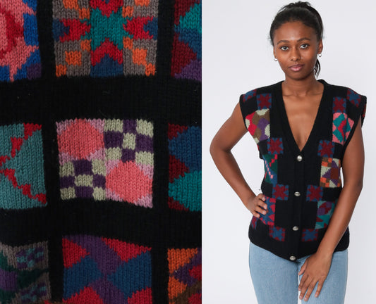LL Bean Wool Quilted Vest 80s Black Southwestern Small