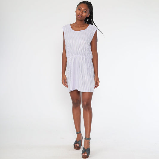 70s Lavender Striped Mini Dress High Waist Sleeveless Extra Large XL