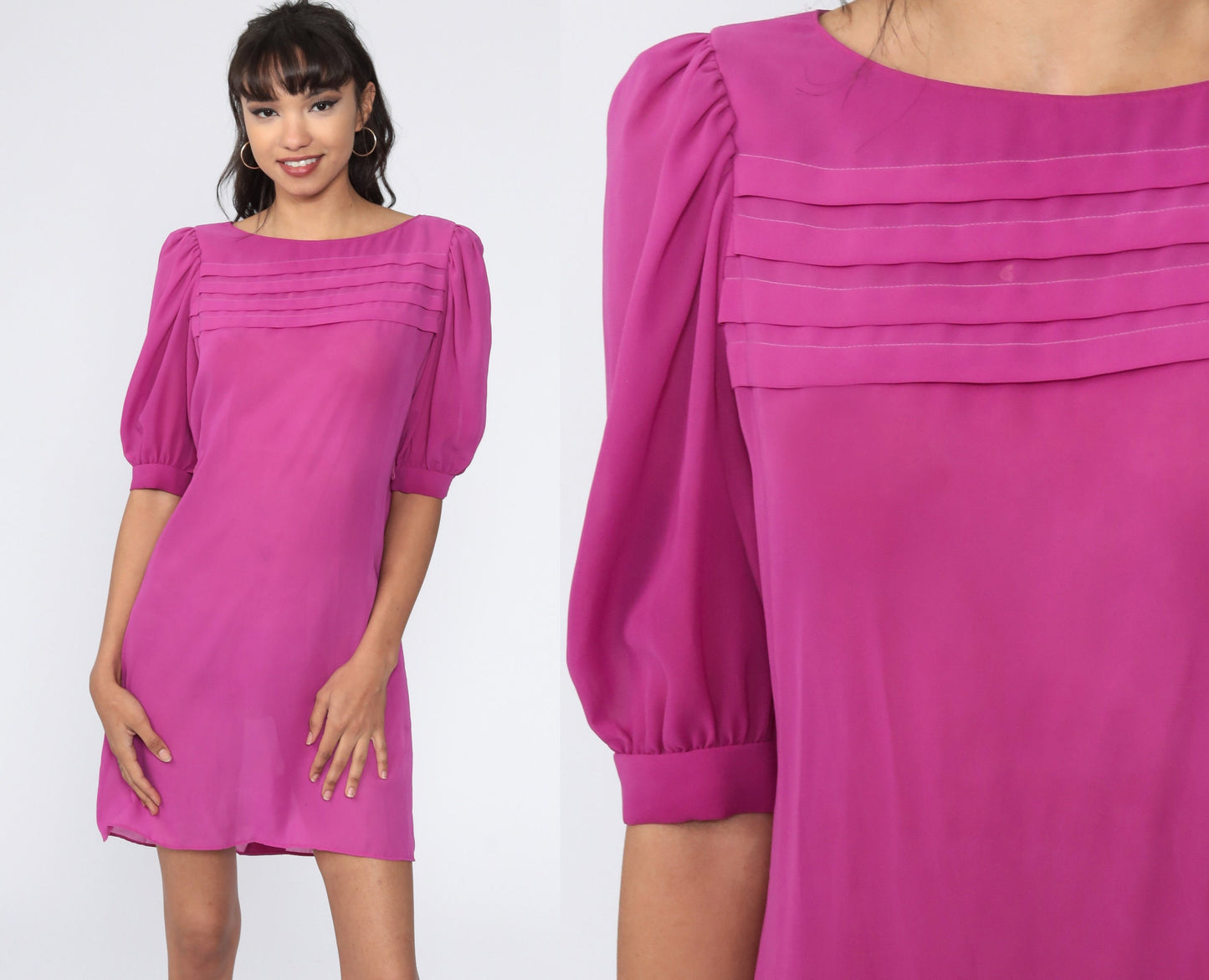 80s Purple Sheer Shift Dress Puff Sleeve Chiffon Medium