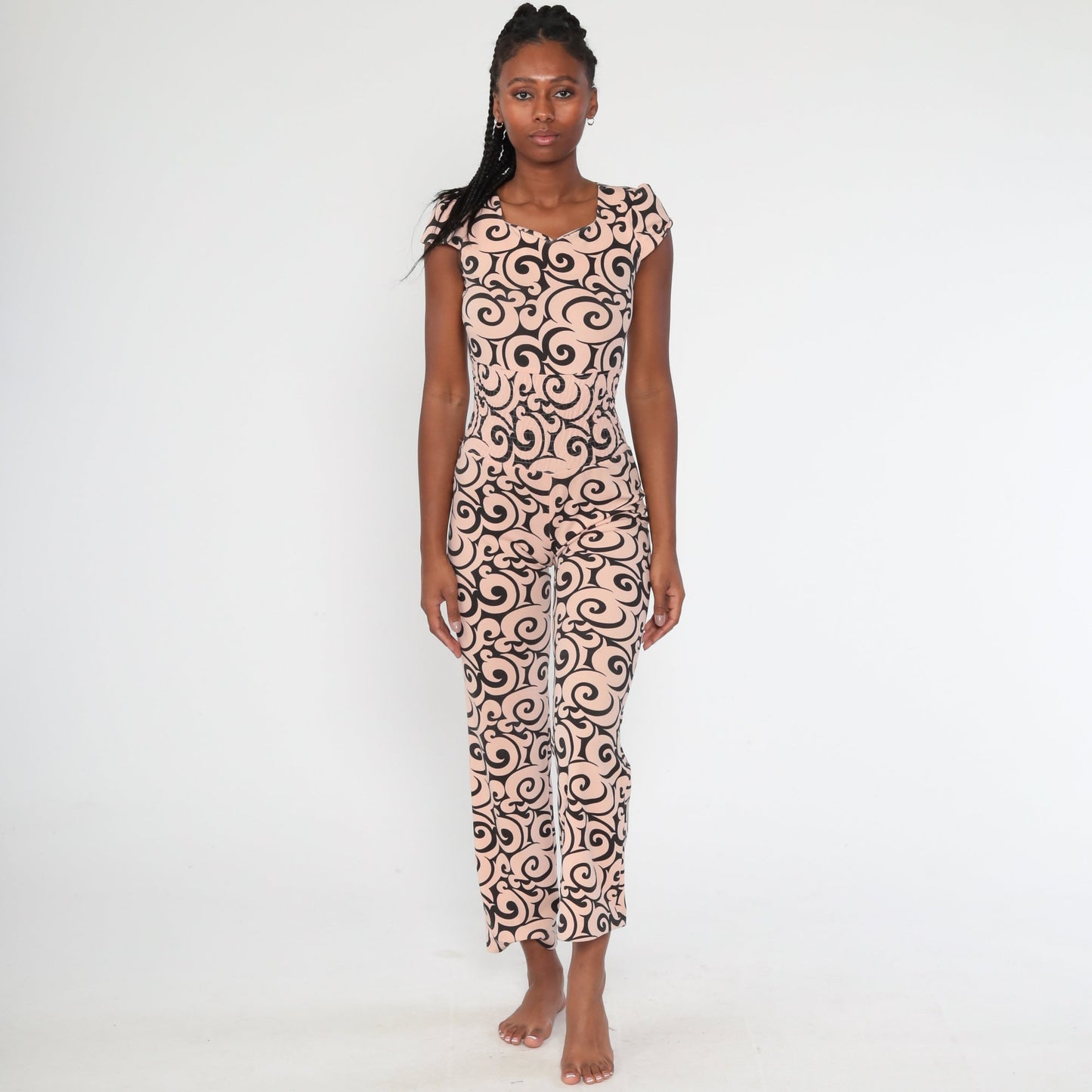 1970s Psychedelic Peach Jumpsuit Smocked Waist Cap Sleeve Small