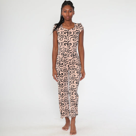 1970s Psychedelic Peach Jumpsuit Smocked Waist Cap Sleeve Small