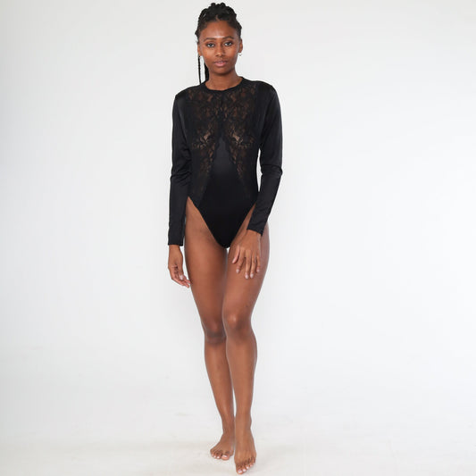 80s Black Lace Teddy Bodysuit Long Sleeve High Cut Lingerie Large L