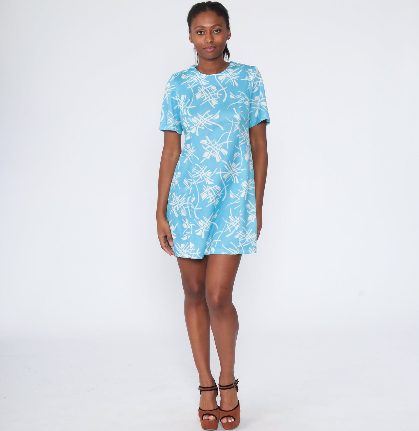 70s Abstract Print Mini Shift Dress Blue Sheath Cut Large