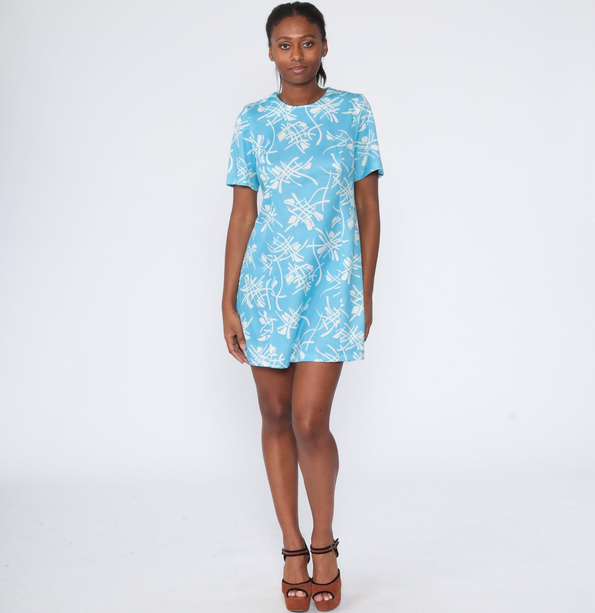 70s Abstract Print Mini Shift Dress Blue Sheath Cut Large