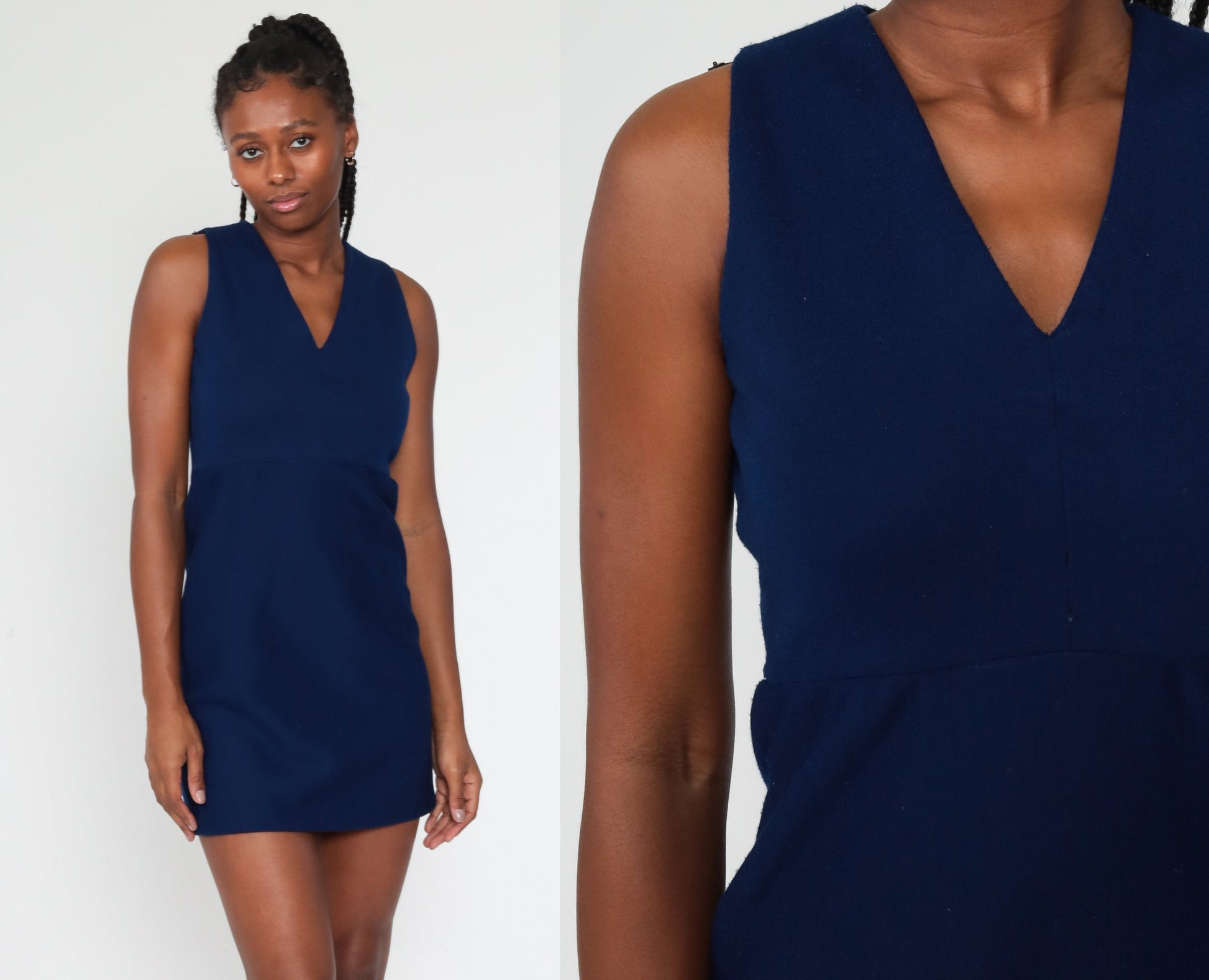 70s Wool Mod Mini Dress High Waist Dark Blue Sleeveless Small